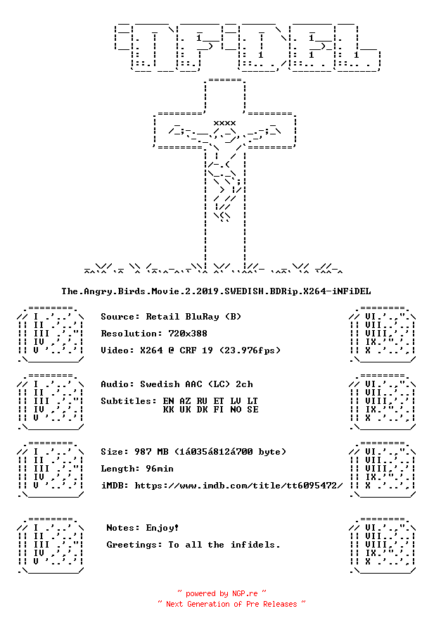 NFO for the release The.Angry.Birds.Movie.2.2019.SWEDISH.BDRip.X264-iNFiDEL by iNFiDEL
