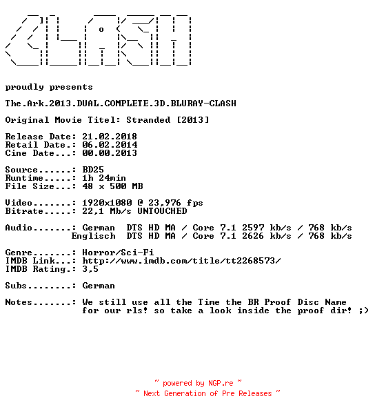 NFO for the release The.Ark.2013.DUAL.COMPLETE.3D.BLURAY-CLASH by CLASH
