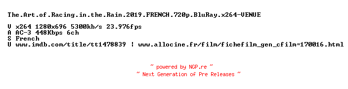 NFO for the release The.Art.of.Racing.in.the.Rain.2019.FRENCH.720p.BluRay.x264-VENUE by VENUE