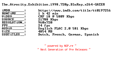 NFO for the release The.Atrocity.Exhibition.1998.720p.BluRay.x264-GAZER by GAZER