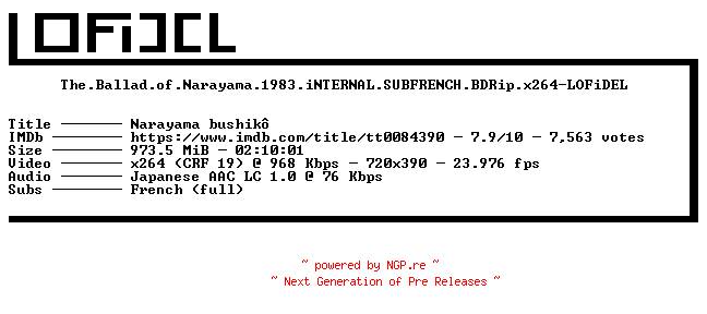 NFO for the release The.Ballad.of.Narayama.1983.iNTERNAL.SUBFRENCH.BDRip.x264-LOFiDEL by LOFiDEL