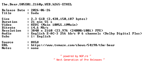 NFO for the release The.Bear.S05E01.2160p.WEB.h265-ETHEL by ETHEL