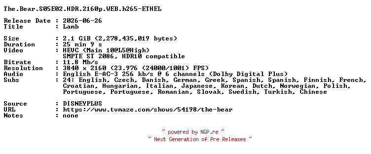 NFO for the release The.Bear.S05E02.HDR.2160p.WEB.h265-ETHEL by ETHEL