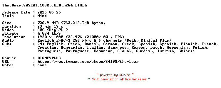 NFO for the release The.Bear.S05E03.1080p.WEB.h264-ETHEL by ETHEL