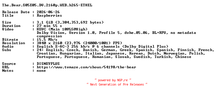 NFO for the release The.Bear.S05E05.DV.2160p.WEB.h265-ETHEL by ETHEL
