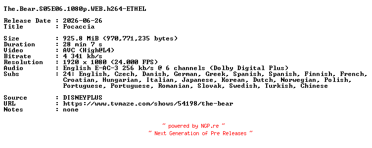 NFO for the release The.Bear.S05E06.1080p.WEB.h264-ETHEL by ETHEL