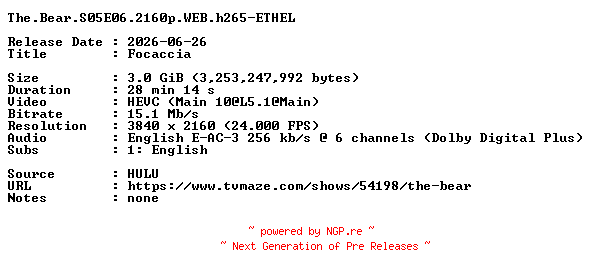 NFO for the release The.Bear.S05E06.2160p.WEB.h265-ETHEL by ETHEL