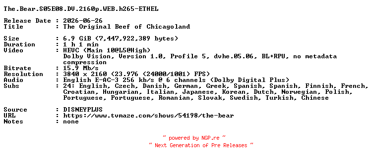NFO for the release The.Bear.S05E08.DV.2160p.WEB.h265-ETHEL by ETHEL