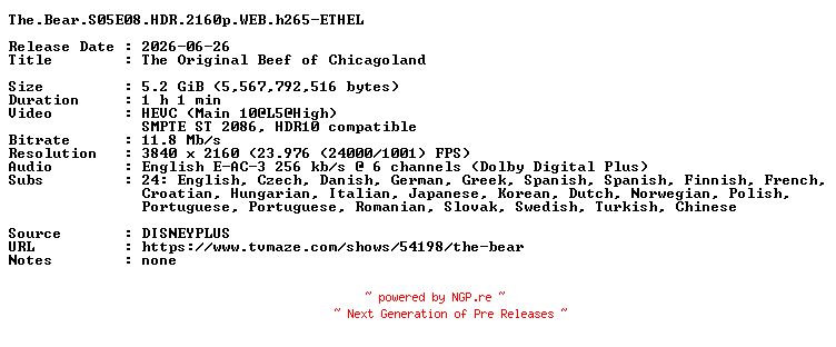 NFO for the release The.Bear.S05E08.HDR.2160p.WEB.h265-ETHEL by ETHEL