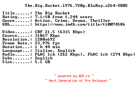 NFO for the release The.Big.Racket.1976.720p.BluRay.x264-ORBS by ORBS