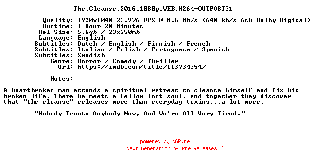 NFO for the release The.Cleanse.2016.1080p.WEB.H264-OUTPOST31 by OUTPOST31