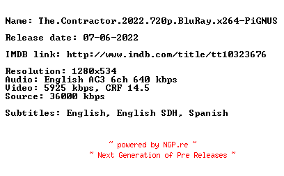 NFO for the release The.Contractor.2022.720p.BluRay.x264-PiGNUS by PiGNUS