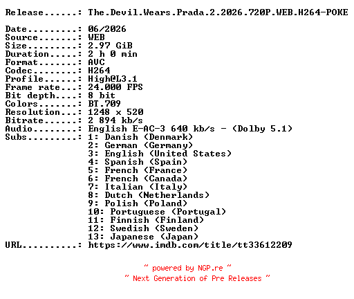 NFO for the release The.Devil.Wears.Prada.2.2026.720P.WEB.H264-POKE by POKE
