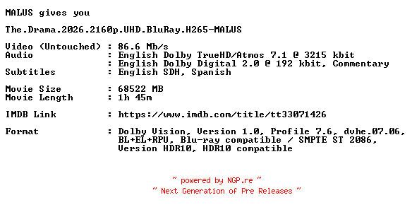 NFO for the release The.Drama.2026.2160p.UHD.BluRay.H265-MALUS by MALUS