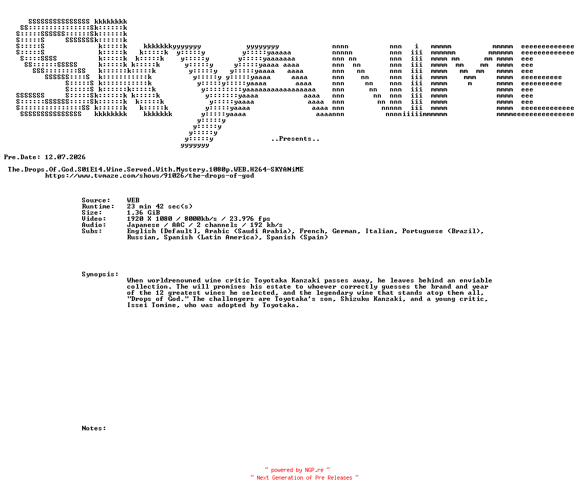NFO for the release The.Drops.Of.God.S01E14.Wine.Served.With.Mystery.1080p.WEB.H264-SKYANiME by SKYANiME