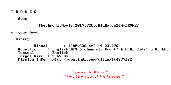 NFO for the release The.Emoji.Movie.2017.720p.BluRay.x264-DRONES by DRONES