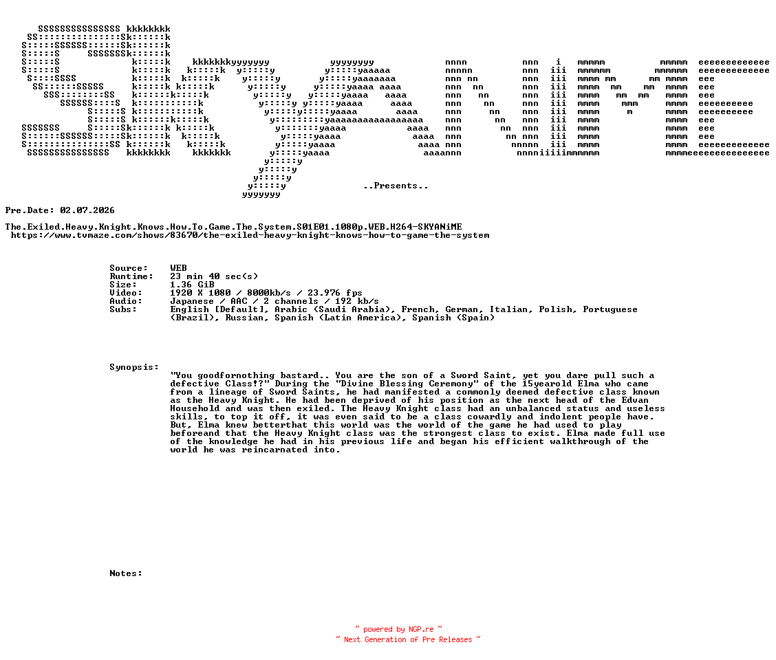 NFO for the release The.Exiled.Heavy.Knight.Knows.How.To.Game.The.System.S01E01.1080p.WEB.H264-SKYANiME by SKYANiME