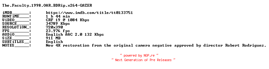 NFO for the release The.Faculty.1998.OAR.BDRip.x264-GAZER by GAZER