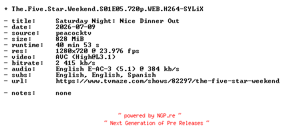 NFO for the release The.Five.Star.Weekend.S01E05.720p.WEB.H264-SYLiX by SYLiX