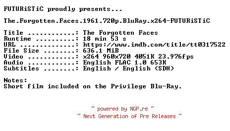 NFO for the release The.Forgotten.Faces.1961.720p.BluRay.x264-FUTURiSTiC by FUTURiSTiC