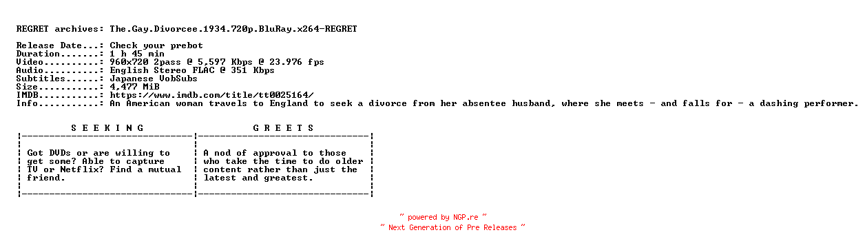 NFO for the release The.Gay.Divorcee.1934.720p.BluRay.x264-REGRET by REGRET