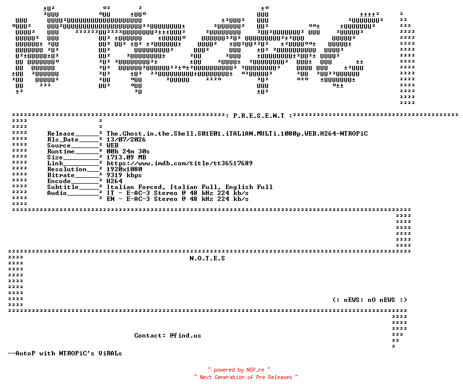 NFO for the release The.Ghost.in.the.Shell.S01E01.iTALiAN.MULTi.1080p.WEB.H264-NTROPiC by NTROPiC