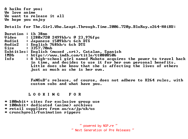 NFO for the release The.Girl.Who.Leapt.Through.Time.2006.PROPER.720p.BluRay.x264-HAiKU by HAiKU