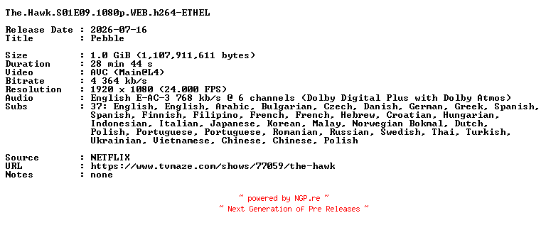 NFO for the release The.Hawk.S01E09.1080p.WEB.h264-ETHEL by ETHEL