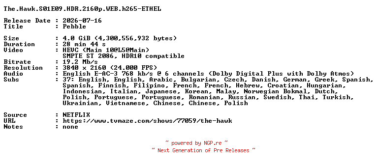 NFO for the release The.Hawk.S01E09.HDR.2160p.WEB.h265-ETHEL by ETHEL