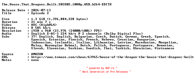NFO for the release The.House.That.Dragons.Built.S03E02.1080p.WEB.h264-EDITH by EDITH