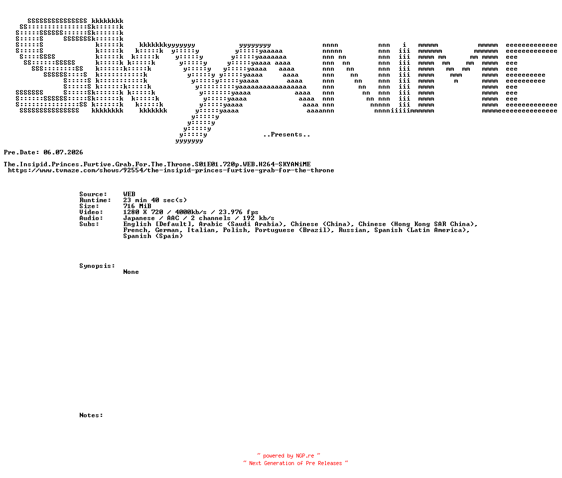 NFO for the release The.Insipid.Princes.Furtive.Grab.For.The.Throne.S01E01.720p.WEB.H264-SKYANiME by SKYANiME