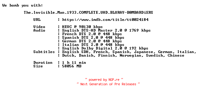 NFO for the release The.Invisible.Man.1933.COMPLETE.UHD.BLURAY-B0MBARDiERS by B0MBARDiERS
