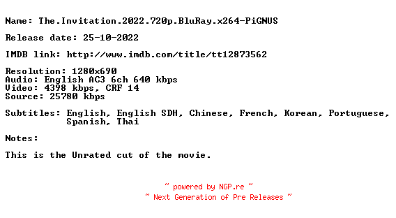 NFO for the release The.Invitation.2022.720p.BluRay.x264-PiGNUS by PiGNUS