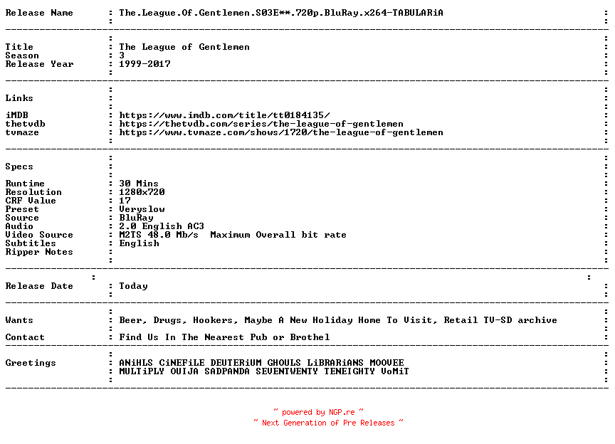 NFO for the release The.League.Of.Gentlemen.S03E05.720p.BluRay.x264-TABULARiA by TABULARiA