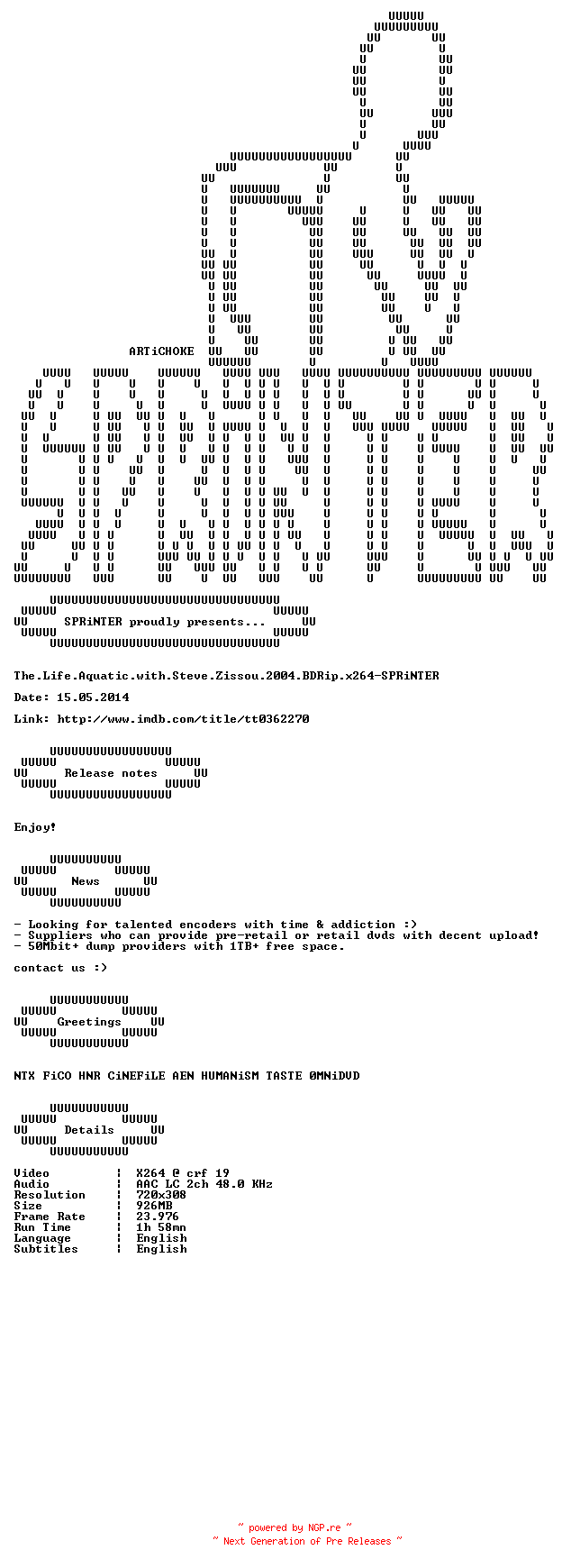 NFO for the release The.Life.Aquatic.with.Steve.Zissou.2004.iNTERNAL.BDRip.x264-SPRiNTER by SPRiNTER