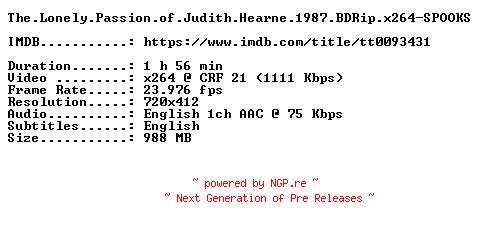 NFO for the release The.Lonely.Passion.of.Judith.Hearne.1987.BDRip.x264-SPOOKS by SPOOKS