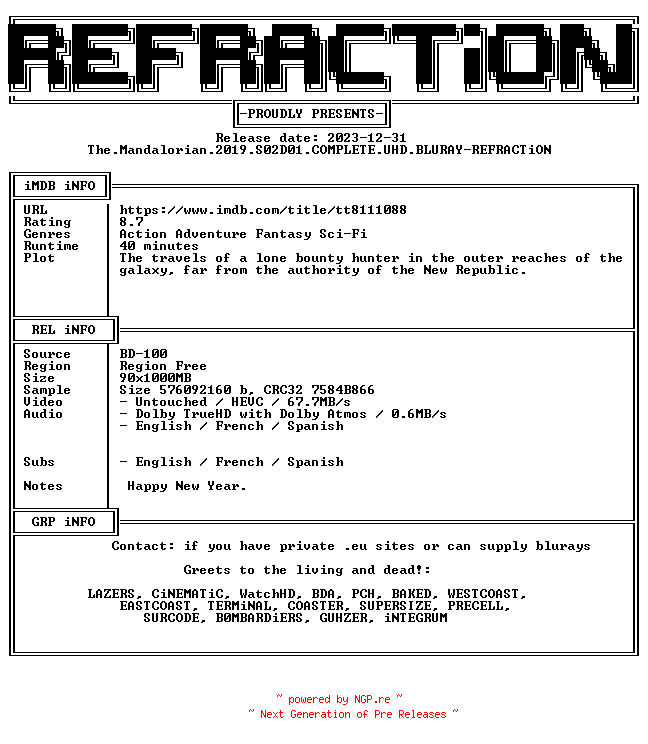 NFO for the release The.Mandalorian.2019.S02D01.COMPLETE.UHD.BLURAY-REFRACTiON by REFRACTiON