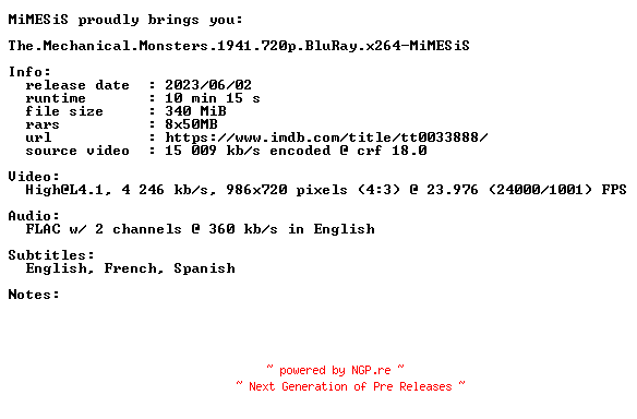 NFO for the release The.Mechanical.Monsters.1941.720p.BluRay.x264-MiMESiS by MiMESiS