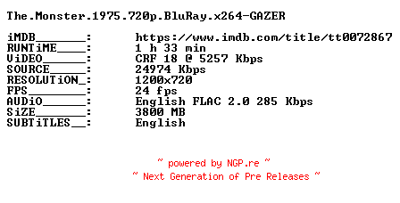 NFO for the release The.Monster.1975.720p.BluRay.x264-GAZER by GAZER