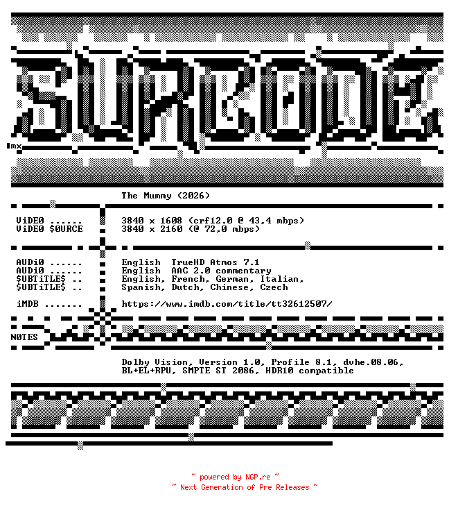 NFO for the release The.Mummy.2026.2160p.UHD.BluRay.x265-SURCODE by SURCODE