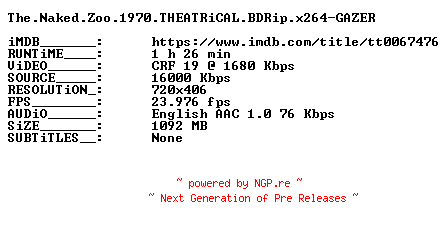 NFO for the release The.Naked.Zoo.1970.THEATRiCAL.BDRip.x264-GAZER by GAZER