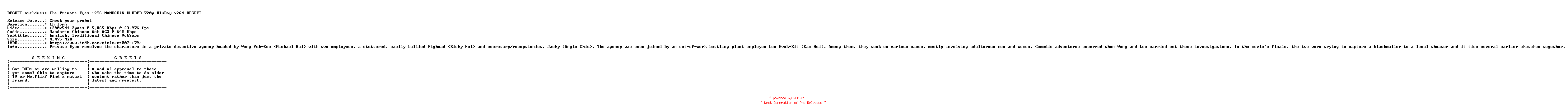 NFO for the release The.Private.Eyes.1976.MANDARiN.DUBBED.720p.BluRay.x264-REGRET by REGRET