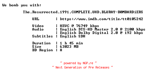 NFO for the release The.Resurrected.1991.COMPLETE.UHD.BLURAY-B0MBARDiERS by B0MBARDiERS