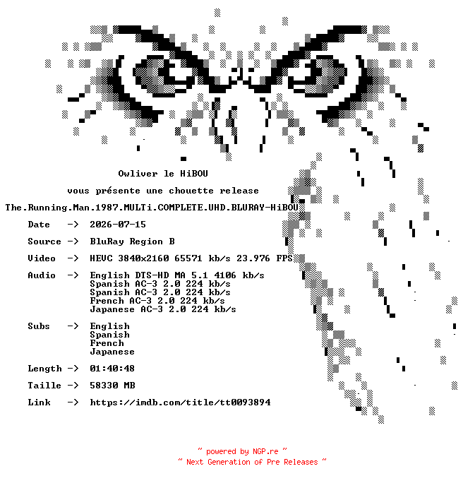 NFO for the release The.Running.Man.1987.MULTi.COMPLETE.UHD.BLURAY-HiBOU by HiBOU