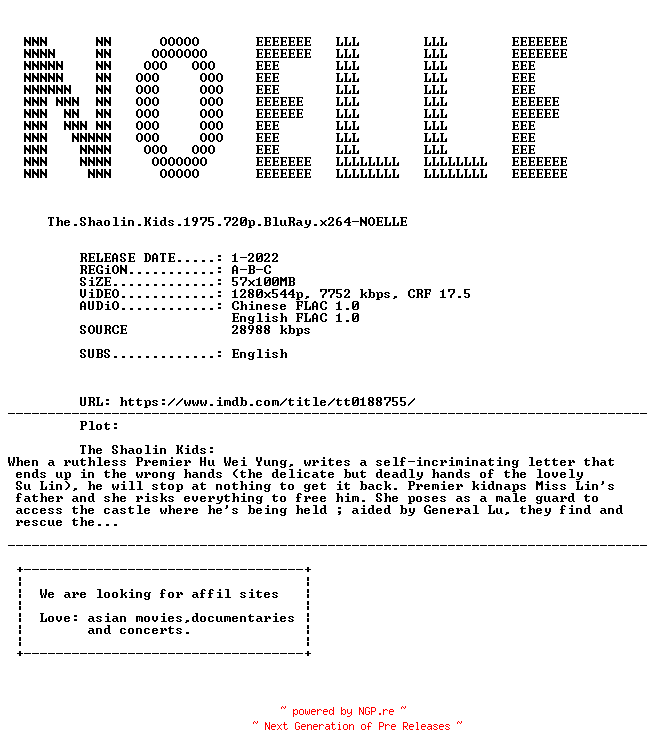 NFO for the release The.Shaolin.Kids.1975.720p.BluRay.x264-NOELLE by NOELLE