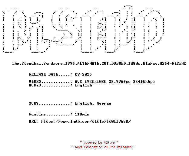 NFO for the release The.Stendhal.Syndrome.1996.ALTERNATE.CUT.DUBBED.1080p.BluRay.H264-RiSEHD by RiSEHD