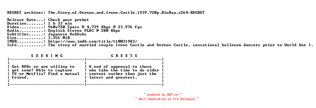 NFO for the release The.Story.of.Vernon.and.Irene.Castle.1939.720p.BluRay.x264-REGRET by REGRET