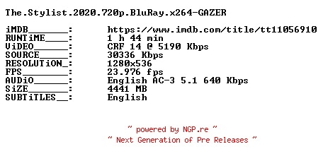 NFO for the release The.Stylist.2020.720p.BluRay.x264-GAZER by GAZER