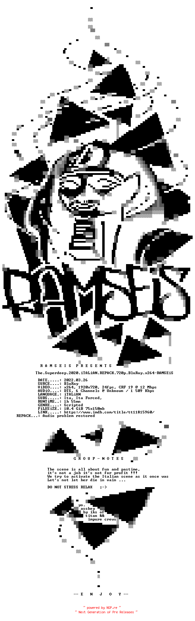 NFO for the release The.Superdeep.2020.iTALiAN.REPACK.720p.BluRay.x264-RAMSEiS by RAMSEiS