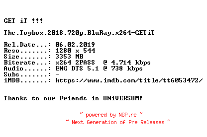 NFO for the release The.Toybox.2018.720p.BluRay.x264-GETiT by GETiT